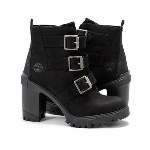 Timberland Lana Point Black Nubuck Buckle Heeled Boots Women's Size 8